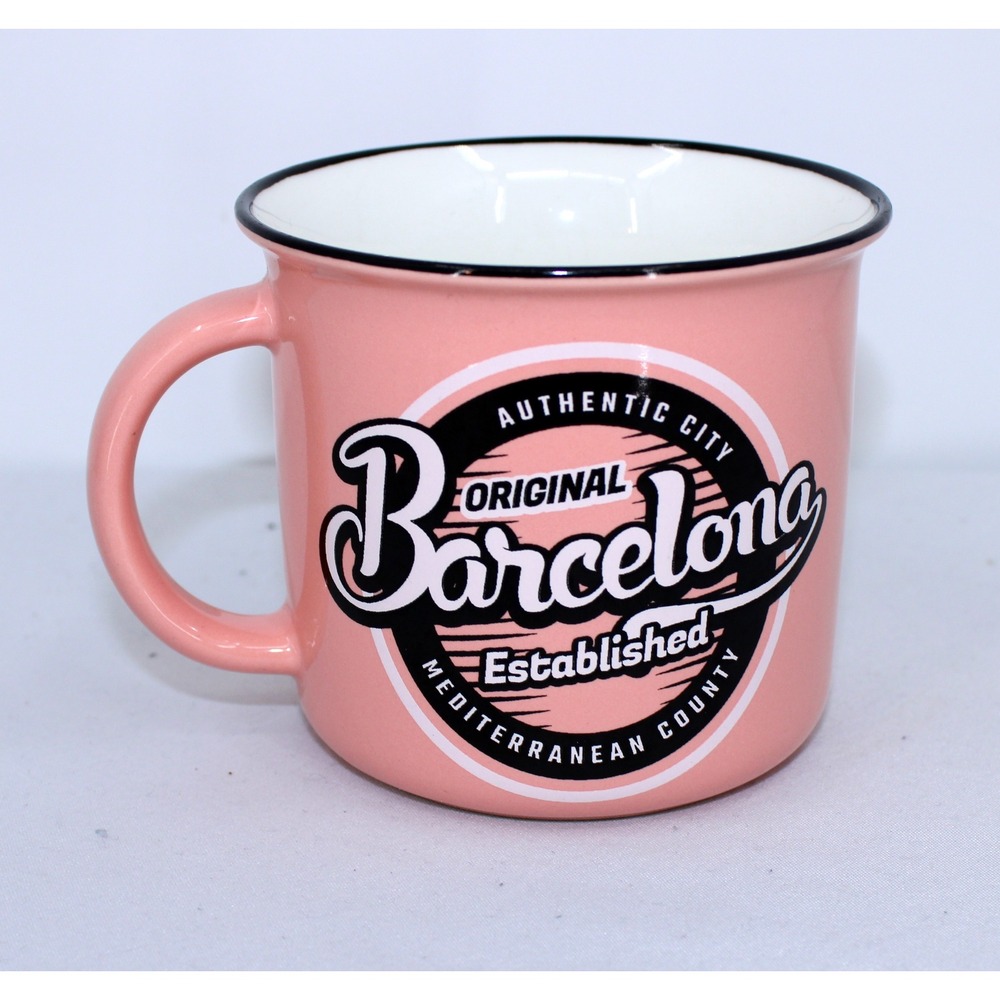 Pink Barcelona Mug Enamel Style Retro Souvenir Cup Authentic City Mediterranean